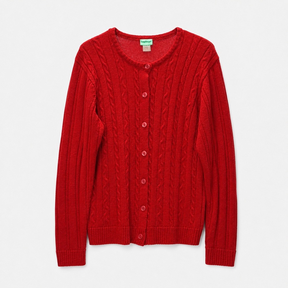 Sara Morgan Preppy Old Money Teacher Core Red Cable Knit Cardigan Sweater Sz L